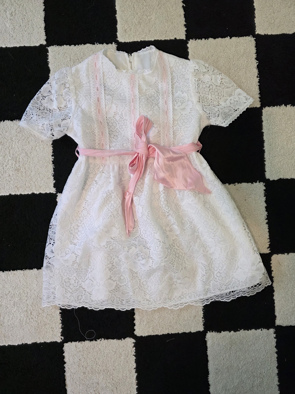 Vintage 70s Bonnie Jean ILGWU Tag Size 6X White Lace Dress Pink Satin Ribbon